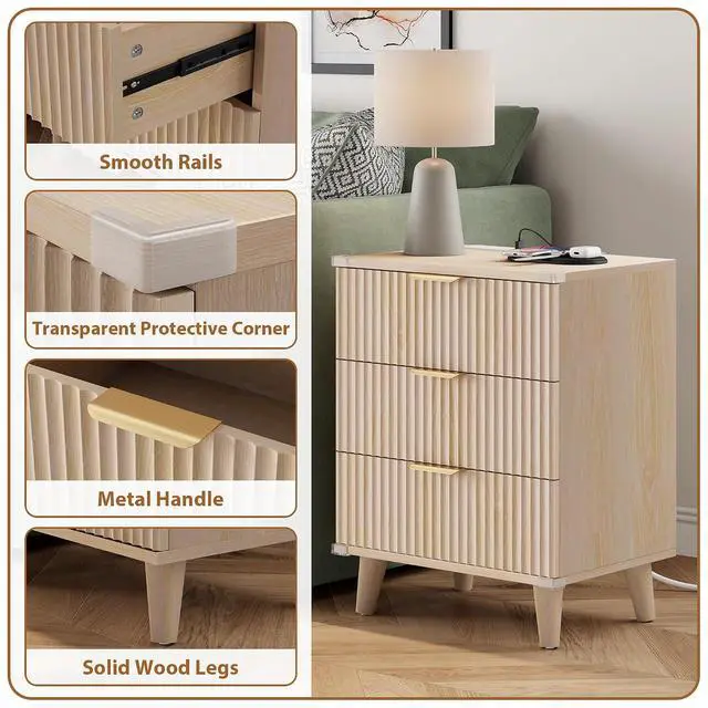 Alt view image 6 of 6 - Wood Nightstand Set of 2 with Charging Station, 3 Drawers Fluted Design, Modern End Table for Bedroom Natural Oak