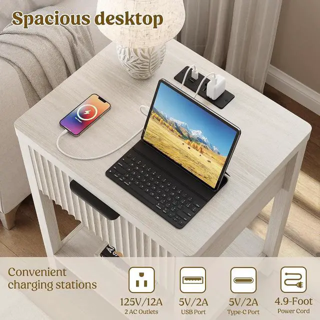 Alt view image 7 of 7 - Wooden White Night Stand, Fluted Nightstand with Charging Station | storage drawer, metal slide rail, modern style bedside table, round corners, open shelf, save space, living room furniture