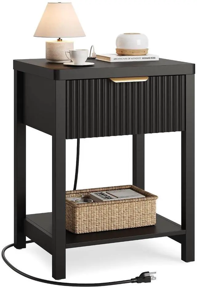 Main image of Modern Black Night Stand, Fluted Nightstand with Charging Station, Wood Modern Bedside End Table with Storage Drawer for Bedroom, Save Space (Set of 1, Black)