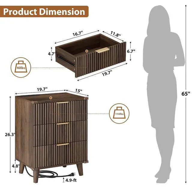 Alt view image 3 of 7 - Wood Nightstand Set of 2 W/Charging Station, 3 Drawers Fluted Design | metal slide rail, modern style bedside table, storage save space, bedroom living room