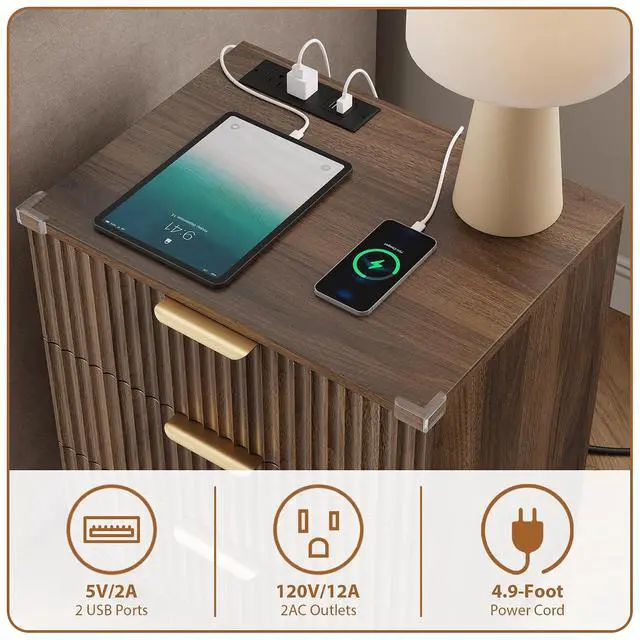 Alt view image 6 of 7 - Wood Nightstand Set of 2 W/Charging Station, 3 Drawers Fluted Design | metal slide rail, modern style bedside table, storage save space, bedroom living room