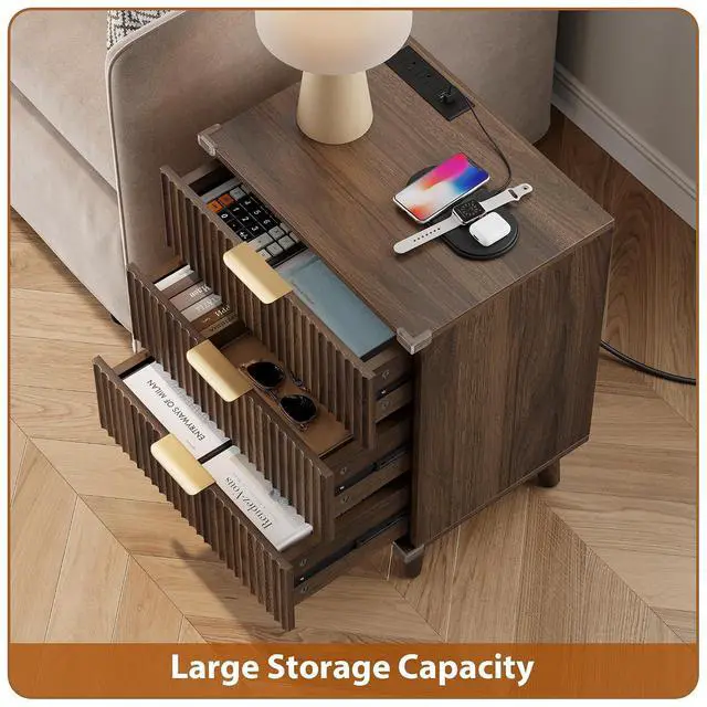 Alt view image 5 of 7 - Wood Nightstand Set of 2 W/Charging Station, 3 Drawers Fluted Design | metal slide rail, modern style bedside table, storage save space, bedroom living room