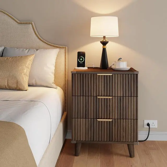 Alt view image 2 of 5 - Wood Nightstand with Charging Station, 3 Drawers Fluted Design, Modern End Table for Bedroom Walnut