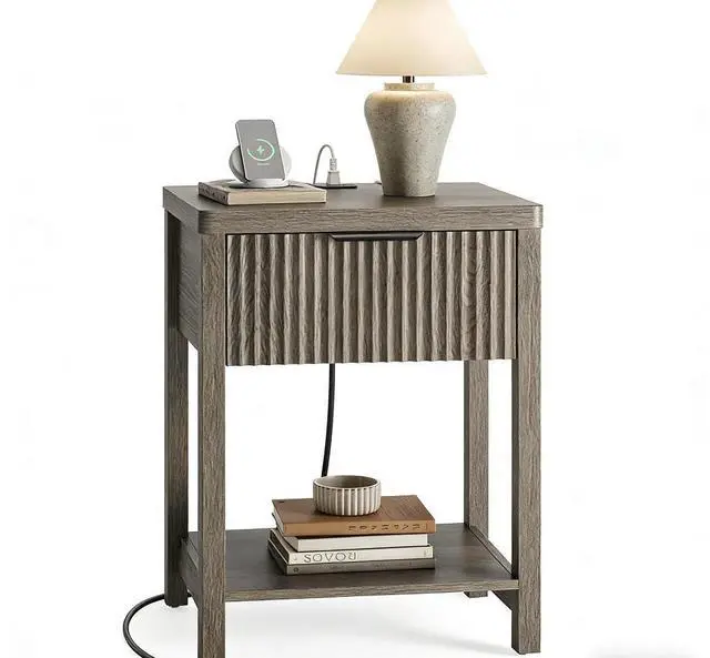 Main image of Fluted Nightstand with Charging Station, 1 Drawer, Contemporary Design (Dark Grey)