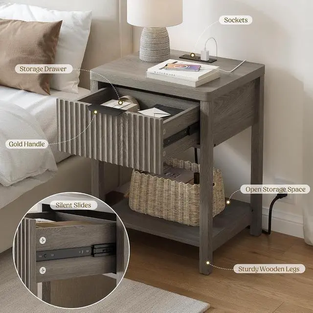 Alt view image 7 of 7 - 2-Pack Fluted Nightstands with Charging Station, Modern Wood Bedside Tables with Storage Drawer for Bedroom, Space-Saving End Tables Dark Grey Oak