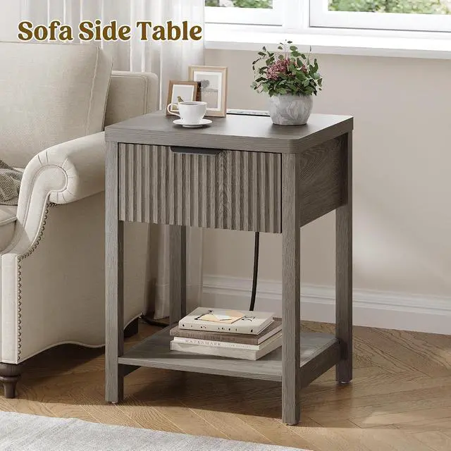Alt view image 6 of 7 - 2-Pack Fluted Nightstands with Charging Station, Modern Wood Bedside Tables with Storage Drawer for Bedroom, Space-Saving End Tables Dark Grey Oak