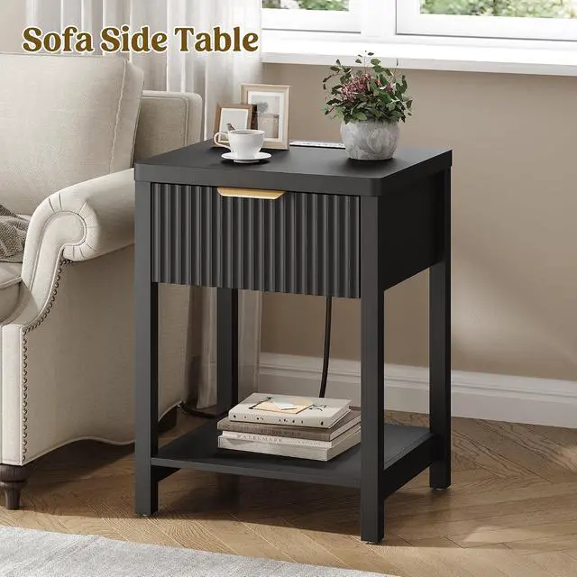 Alt view image 6 of 7 - Modern Black Night Stand, Fluted Nightstand with Charging Station, Wood Modern Bedside End Table with Storage Drawer for Bedroom, Save Space (Set of 1, Black)