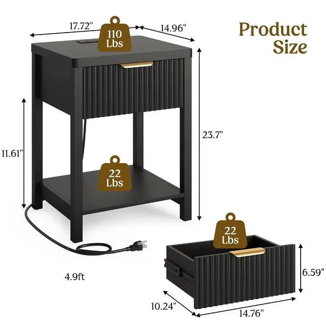 Alt view image 3 of 7 - Modern Black Night Stand, Fluted Nightstand with Charging Station, Wood Modern Bedside End Table with Storage Drawer for Bedroom, Save Space (Set of 1, Black)