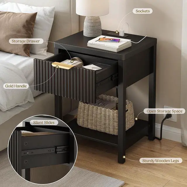 Alt view image 4 of 7 - Modern Black Night Stand, Fluted Nightstand with Charging Station, Wood Modern Bedside End Table with Storage Drawer for Bedroom, Save Space (Set of 1, Black)