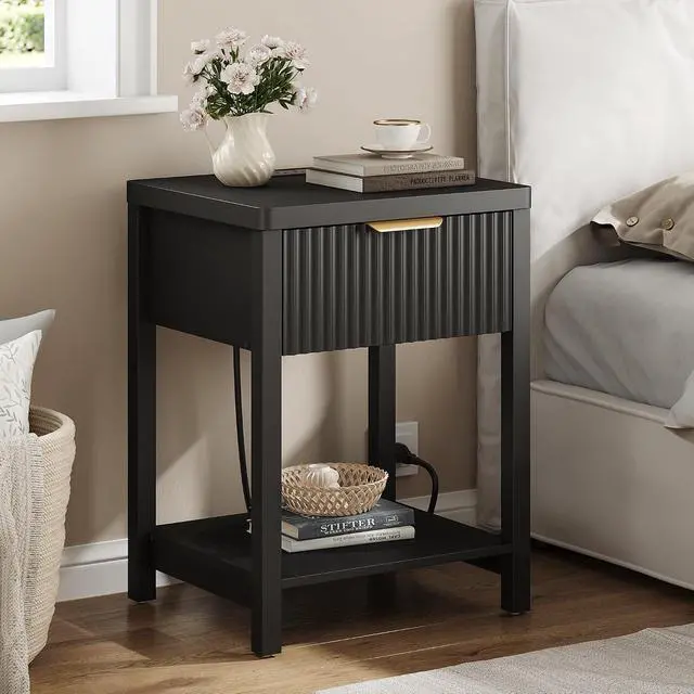 Alt view image 2 of 7 - Modern Black Night Stand, Fluted Nightstand with Charging Station, Wood Modern Bedside End Table with Storage Drawer for Bedroom, Save Space (Set of 1, Black)