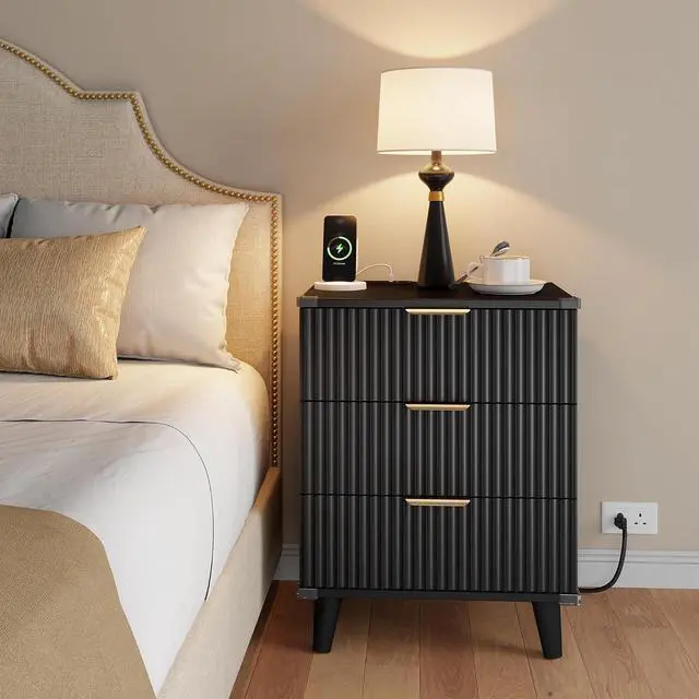 Alt view image 2 of 5 - Wood Nightstand with Charging Station, 3 Drawers Fluted Design, Modern End Table for Bedroom Black