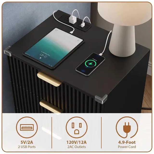 Alt view image 4 of 5 - Wood Nightstand with Charging Station, 3 Drawers Fluted Design, Modern End Table for Bedroom Black
