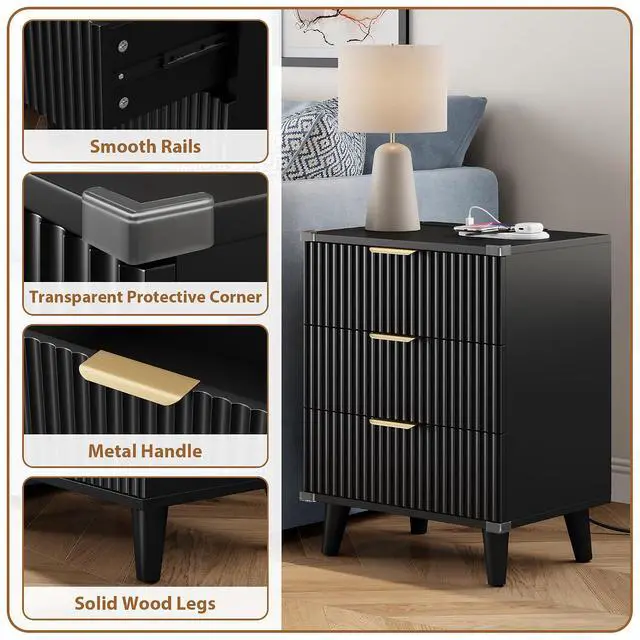Alt view image 5 of 5 - Wood Nightstand with Charging Station, 3 Drawers Fluted Design, Modern End Table for Bedroom Black