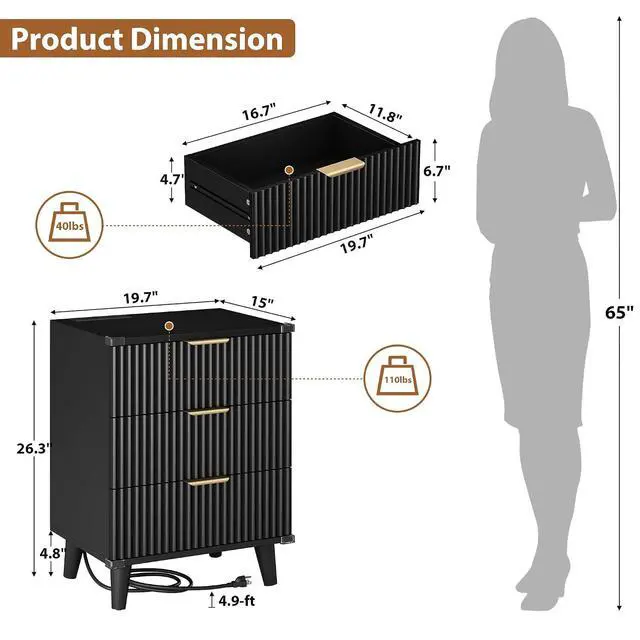 Alt view image 3 of 5 - Wood Nightstand with Charging Station, 3 Drawers Fluted Design, Modern End Table for Bedroom Black