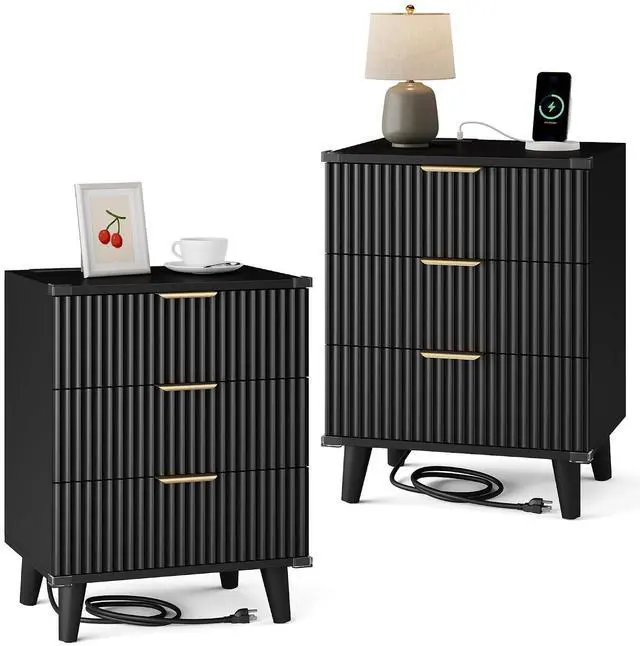 Main image of Wood Nightstand Set of 2 with Charging Station, 3 Drawers Fluted Design, Modern End Table for Bedroom Black
