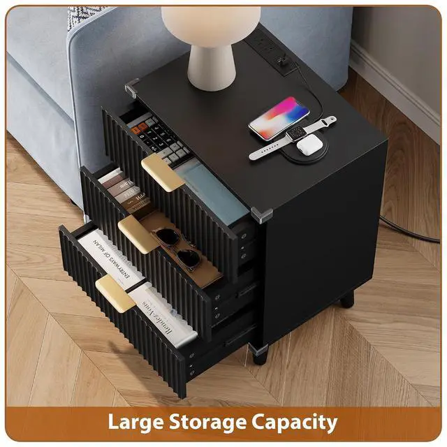Alt view image 5 of 7 - Wood Nightstand Set of 2 with Charging Station, 3 Drawers Fluted Design, Modern End Table for Bedroom Black