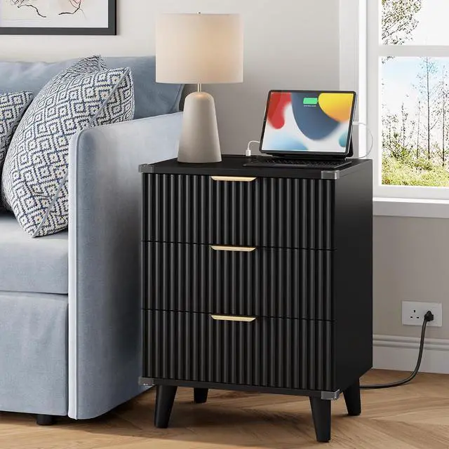 Alt view image 2 of 7 - Wood Nightstand Set of 2 with Charging Station, 3 Drawers Fluted Design, Modern End Table for Bedroom Black