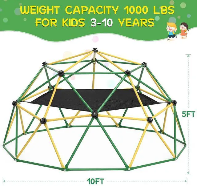 Alt view image 2 of 7 - Climbing Dome, 10FT Dome Climber with Hammock for Kids 3 to 10 Outdoor Play Equipment, Supports up to 1000lbs Jungle Gym, Anti-Rust, Easy Assembly, Yellow+Green