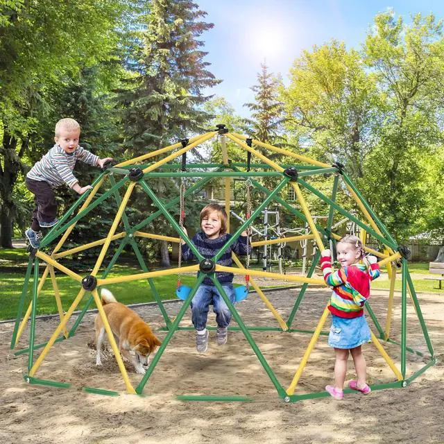 Alt view image 3 of 7 - Climbing Dome, 10FT Dome Climber with Hammock for Kids 3 to 10 Outdoor Play Equipment, Supports up to 1000lbs Jungle Gym, Anti-Rust, Easy Assembly, Yellow+Green