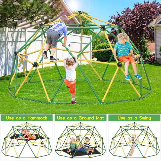Alt view image 4 of 7 - Climbing Dome, 10FT Dome Climber with Hammock for Kids 3 to 10 Outdoor Play Equipment, Supports up to 1000lbs Jungle Gym, Anti-Rust, Easy Assembly, Yellow+Green