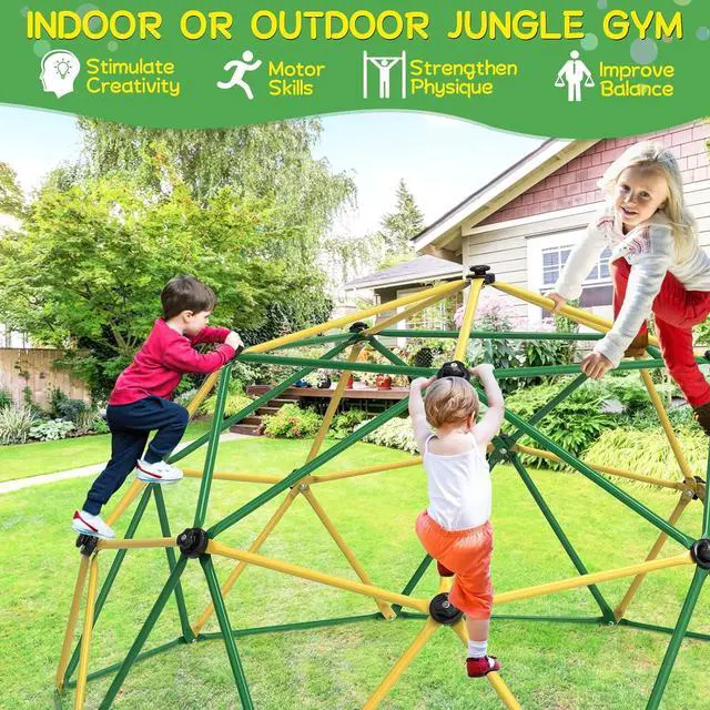Alt view image 5 of 7 - Climbing Dome, 10FT Dome Climber with Hammock for Kids 3 to 10 Outdoor Play Equipment, Supports up to 1000lbs Jungle Gym, Anti-Rust, Easy Assembly, Yellow+Green