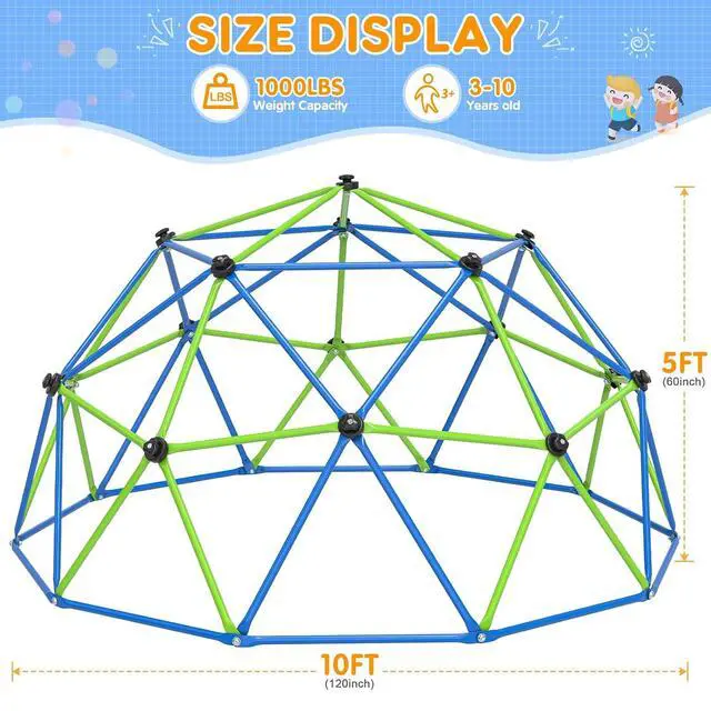 Alt view image 2 of 7 - Climbing Dome, 10FT Dome Climber for Kids 3 to 10 Outdoor Play Equipment, Supports Up to 1000lbs Jungle Gym, Anti-Rust, Easy Assembly, Blue+Green