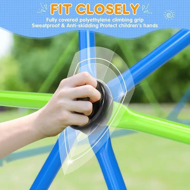 Alt view image 4 of 7 - Climbing Dome, 10FT Dome Climber for Kids 3 to 10 Outdoor Play Equipment, Supports Up to 1000lbs Jungle Gym, Anti-Rust, Easy Assembly, Blue+Green