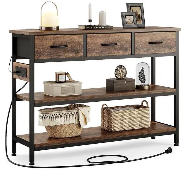 Main image of Entryway Table with Outlets, 3 Fabric Drawers, 43 in Console Table | 43.3"W x 11.8"D entry table with 2 outlets, 2 USB ports, swappable plug side, adjustable feet and anti-tip kit.