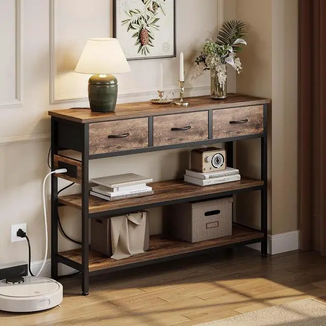 Alt view image 2 of 7 - Entryway Table with Outlets, 3 Fabric Drawers, 43 in Console Table | 43.3"W x 11.8"D entry table with 2 outlets, 2 USB ports, swappable plug side, adjustable feet and anti-tip kit.