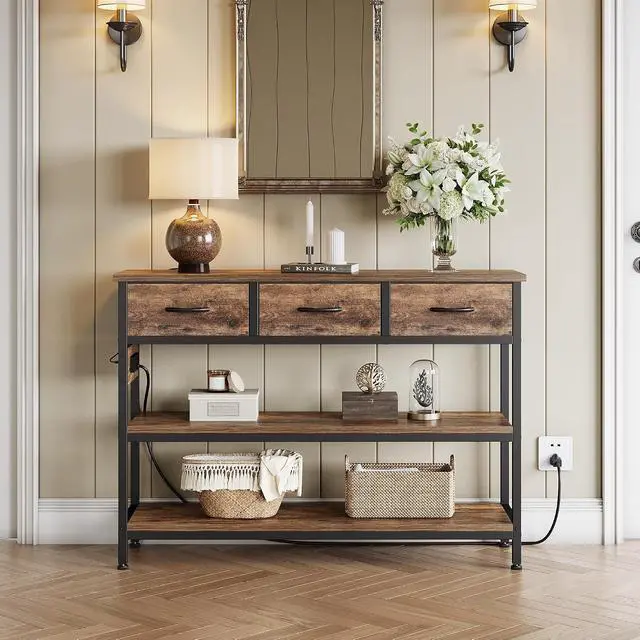 Alt view image 4 of 7 - Entryway Table with Outlets, 3 Fabric Drawers, 43 in Console Table | 43.3"W x 11.8"D entry table with 2 outlets, 2 USB ports, swappable plug side, adjustable feet and anti-tip kit.