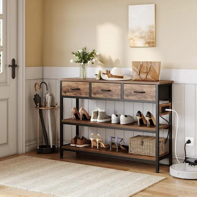 Alt view image 6 of 7 - Entryway Table with Outlets, 3 Fabric Drawers, 43 in Console Table | 43.3"W x 11.8"D entry table with 2 outlets, 2 USB ports, swappable plug side, adjustable feet and anti-tip kit.
