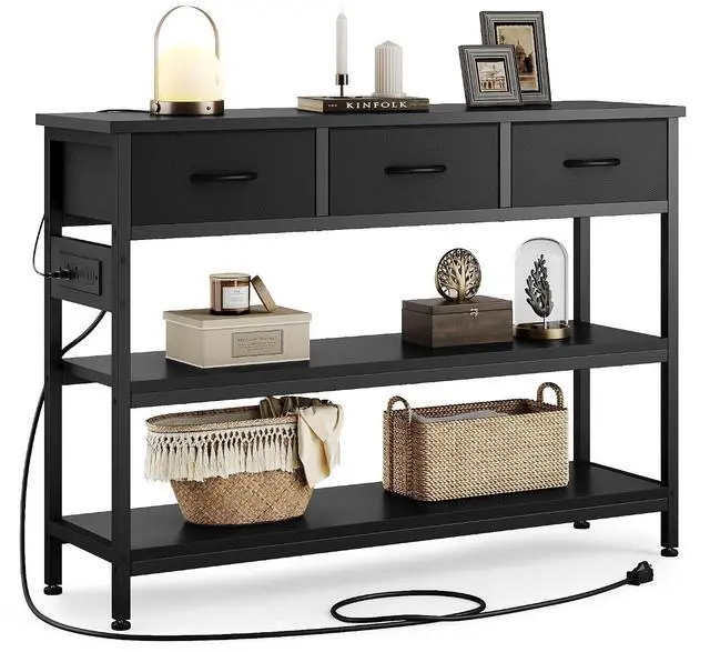 Main image of Entryway Table with Outlets, 3 Fabric Drawers, 43 in Console Table | 43.3"W x 11.8"D entry table with 2 outlets, 2 USB ports, swappable plug side, adjustable feet and anti-tip kit.