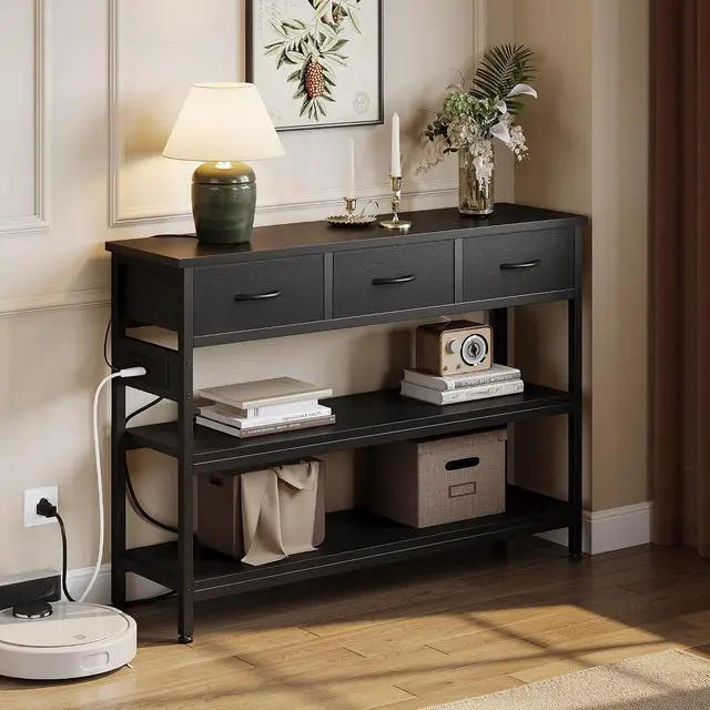 Alt view image 2 of 7 - Entryway Table with Outlets, 3 Fabric Drawers, 43 in Console Table | 43.3"W x 11.8"D entry table with 2 outlets, 2 USB ports, swappable plug side, adjustable feet and anti-tip kit.