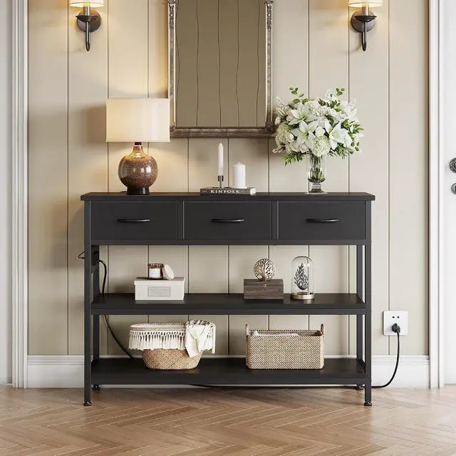 Alt view image 4 of 7 - Entryway Table with Outlets, 3 Fabric Drawers, 43 in Console Table | 43.3"W x 11.8"D entry table with 2 outlets, 2 USB ports, swappable plug side, adjustable feet and anti-tip kit.