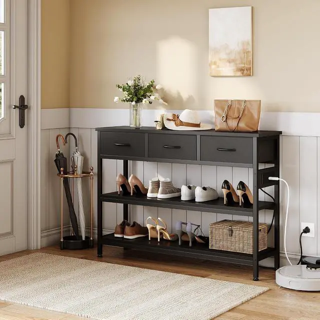 Alt view image 6 of 7 - Entryway Table with Outlets, 3 Fabric Drawers, 43 in Console Table | 43.3"W x 11.8"D entry table with 2 outlets, 2 USB ports, swappable plug side, adjustable feet and anti-tip kit.