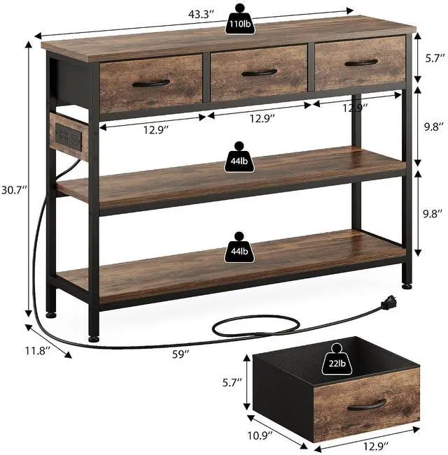 Alt view image 3 of 7 - Entryway Table with Outlets, 3 Fabric Drawers, 43 in Console Table | 43.3"W x 11.8"D entry table with 2 outlets, 2 USB ports, swappable plug side, adjustable feet and anti-tip kit.