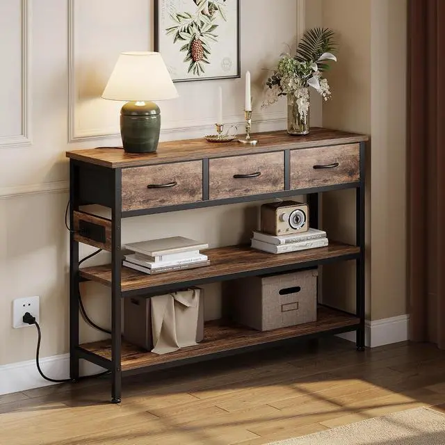 Alt view image 2 of 7 - 2 Pack Entryway Table with Outlets, 3 Fabric Drawers, 43in | 43.3"W x 11.8"D entry table with 2 outlets, 2 USB ports, swappable plug side, adjustable feet and anti-tip kit.