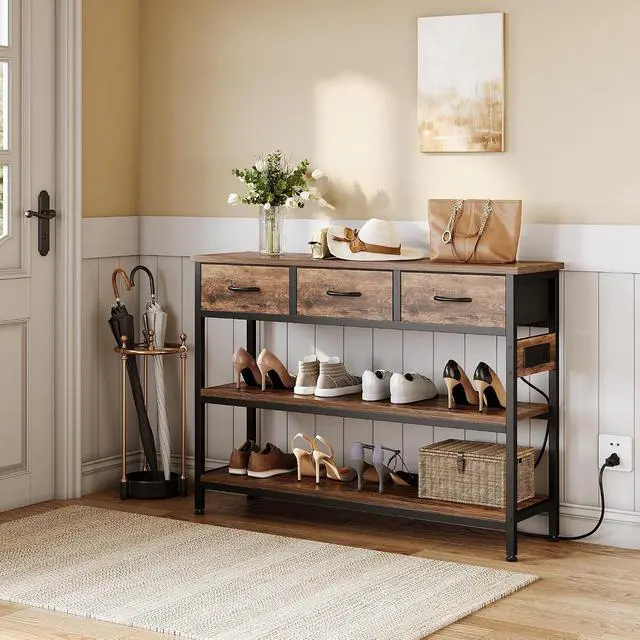Alt view image 5 of 7 - 2 Pack Entryway Table with Outlets, 3 Fabric Drawers, 43in | 43.3"W x 11.8"D entry table with 2 outlets, 2 USB ports, swappable plug side, adjustable feet and anti-tip kit.
