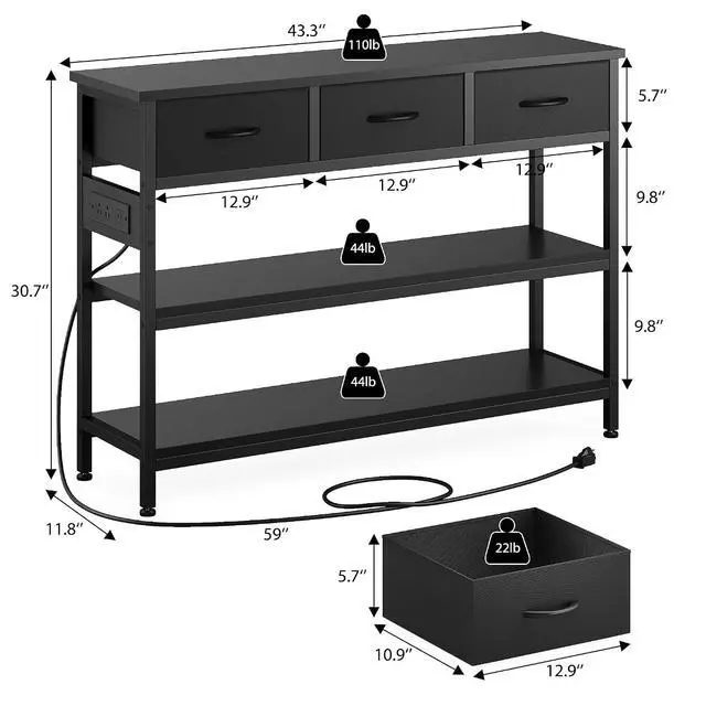 Alt view image 3 of 7 - 2 Pack Entryway Table with Outlets, 3 Fabric Drawers, 43in | 43.3"W x 11.8"D entry table with 2 outlets, 2 USB ports, swappable plug side, adjustable feet and anti-tip kit.