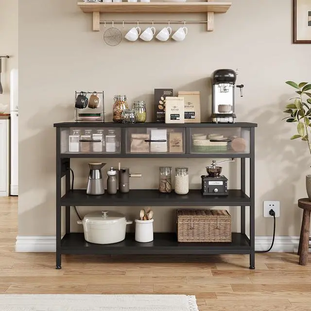 Alt view image 5 of 7 - 2 Pack Entryway Table with Outlets, 3 Fabric Drawers, 43in | 43.3"W x 11.8"D entry table with 2 outlets, 2 USB ports, swappable plug side, adjustable feet and anti-tip kit.