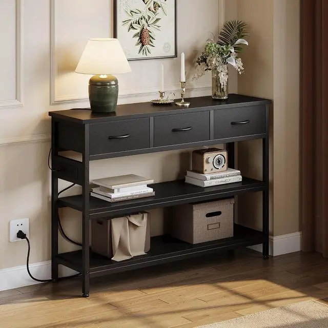 Alt view image 2 of 7 - 2 Pack Entryway Table with Outlets, 3 Fabric Drawers, 43in | 43.3"W x 11.8"D entry table with 2 outlets, 2 USB ports, swappable plug side, adjustable feet and anti-tip kit.