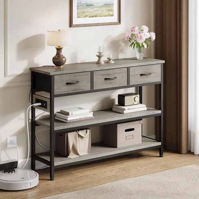 Alt view image 2 of 7 - Entryway Table with Outlets, 3 Fabric Drawers, 43 in Console Table | 43.3"W x 11.8"D entry table with 2 outlets, 2 USB ports, swappable plug side, adjustable feet and anti-tip kit.