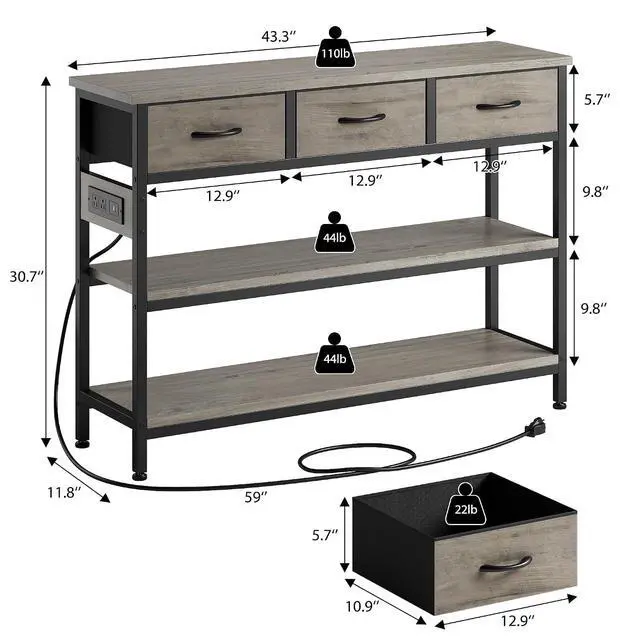 Alt view image 3 of 7 - Entryway Table with Outlets, 3 Fabric Drawers, 43 in Console Table | 43.3"W x 11.8"D entry table with 2 outlets, 2 USB ports, swappable plug side, adjustable feet and anti-tip kit.