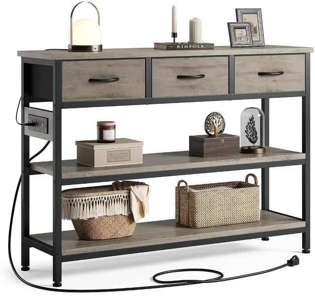 Main image of Entryway Table with Outlets, 3 Fabric Drawers, 43 in Console Table | 43.3"W x 11.8"D entry table with 2 outlets, 2 USB ports, swappable plug side, adjustable feet and anti-tip kit.