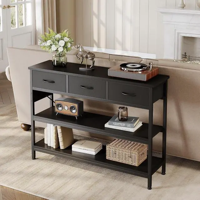 Alt view image 7 of 7 - 2 Pack Entryway Table with Outlets, 3 Fabric Drawers, 43in | 43.3"W x 11.8"D entry table with 2 outlets, 2 USB ports, swappable plug side, adjustable feet and anti-tip kit.