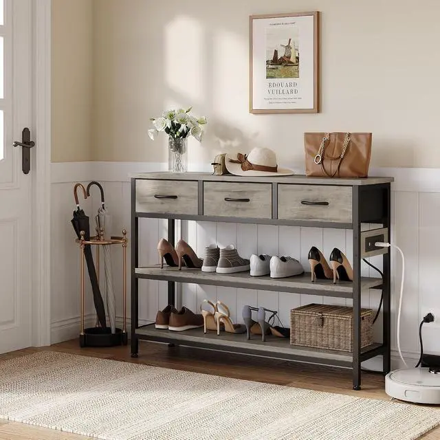 Alt view image 6 of 7 - Entryway Table with Outlets, 3 Fabric Drawers, 43 in Console Table | 43.3"W x 11.8"D entry table with 2 outlets, 2 USB ports, swappable plug side, adjustable feet and anti-tip kit.