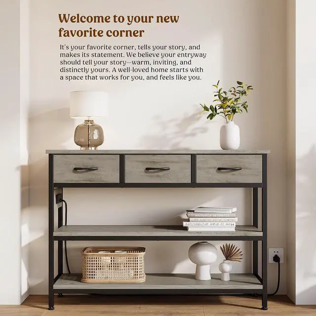 Alt view image 7 of 7 - Entryway Table with Outlets, 3 Fabric Drawers, 43 in Console Table | 43.3"W x 11.8"D entry table with 2 outlets, 2 USB ports, swappable plug side, adjustable feet and anti-tip kit.