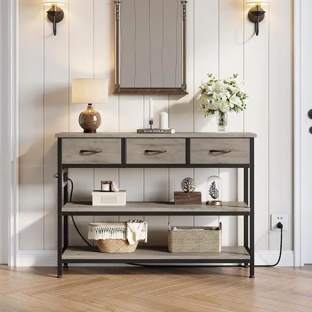 Alt view image 4 of 7 - Entryway Table with Outlets, 3 Fabric Drawers, 43 in Console Table | 43.3"W x 11.8"D entry table with 2 outlets, 2 USB ports, swappable plug side, adjustable feet and anti-tip kit.