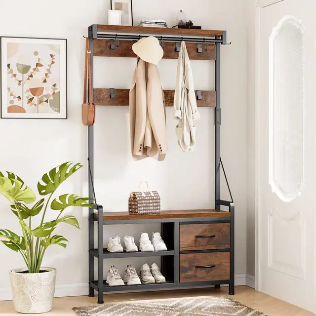 Alt view image 2 of 7 - Hall Tree, 31.5 Entryway Bench with Coat Rack freestanding, 5 in 1 Intelligent Design Shoe Bench and Wall Rack 17 Hooks and Drawers (Rustic Brown)