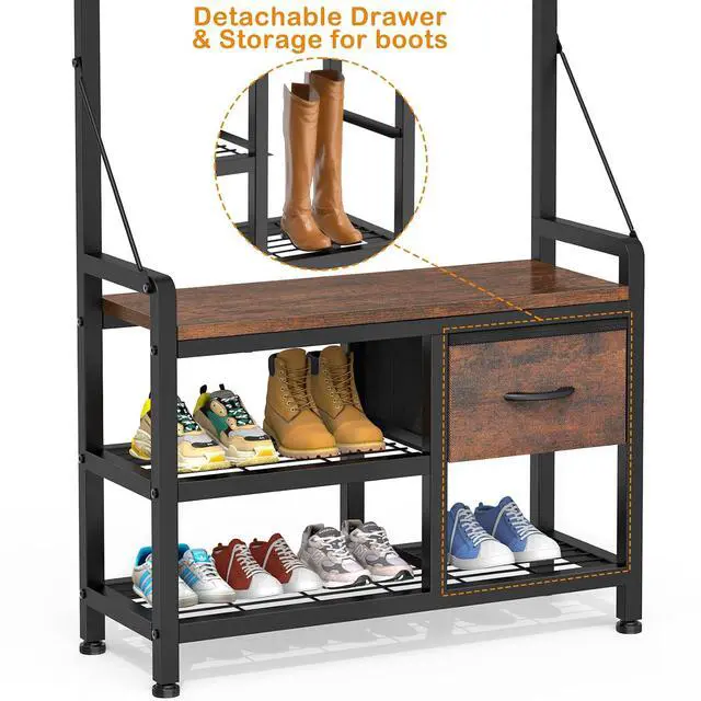 Alt view image 3 of 7 - Hall Tree, 31.5 Entryway Bench with Coat Rack freestanding, 5 in 1 Intelligent Design Shoe Bench and Wall Rack 17 Hooks and Drawers (Rustic Brown)